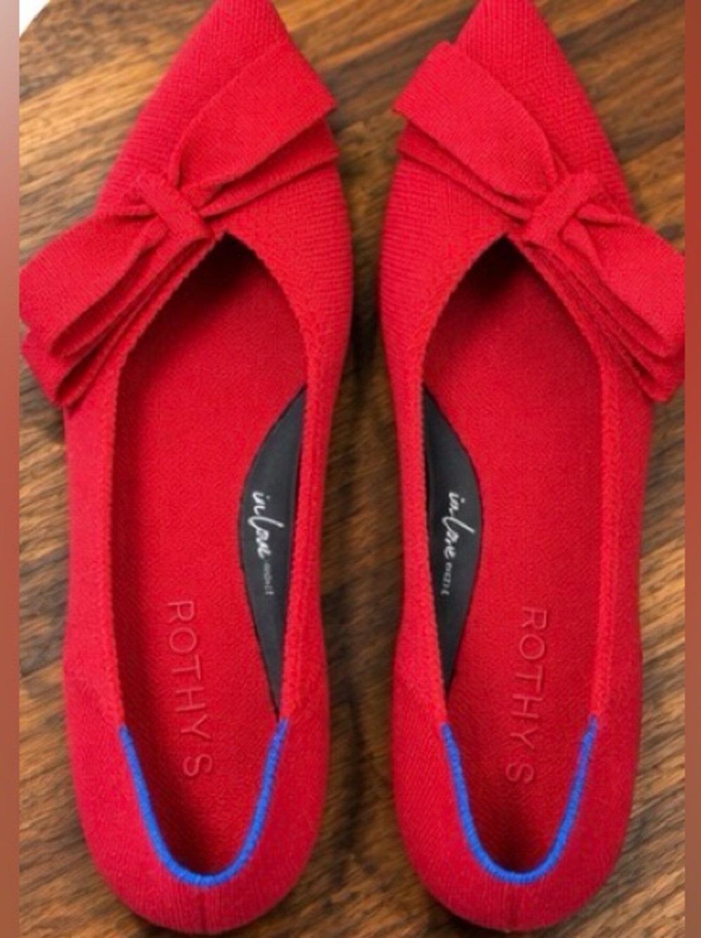 Rothy's Red Pointed Bow Flats - Women's Slip-On Knit Loafers, size 10